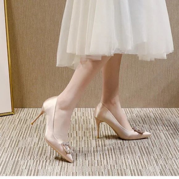 Rhinestone satin point-toe pumps - Picture 2 of 7